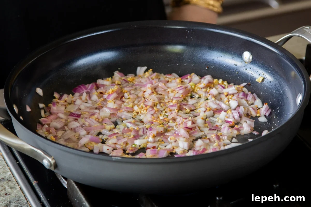 onions and garlic in the pan after cooking