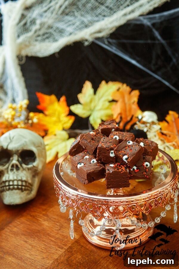 A platter of dark chocolate fudge to serve up as a yummy Halloween sweet treat on your dessert table