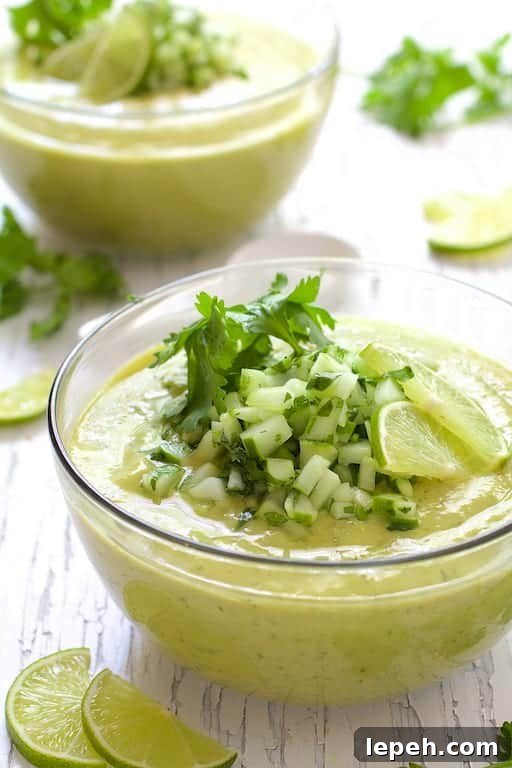 Photo of Cold Thai Cucumber Avocado Soup with Cucumber Relish on white distressed background.
