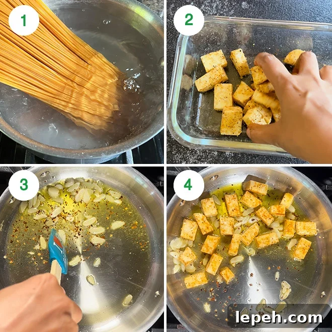 step by step picture collage of making paneer pesto pasta