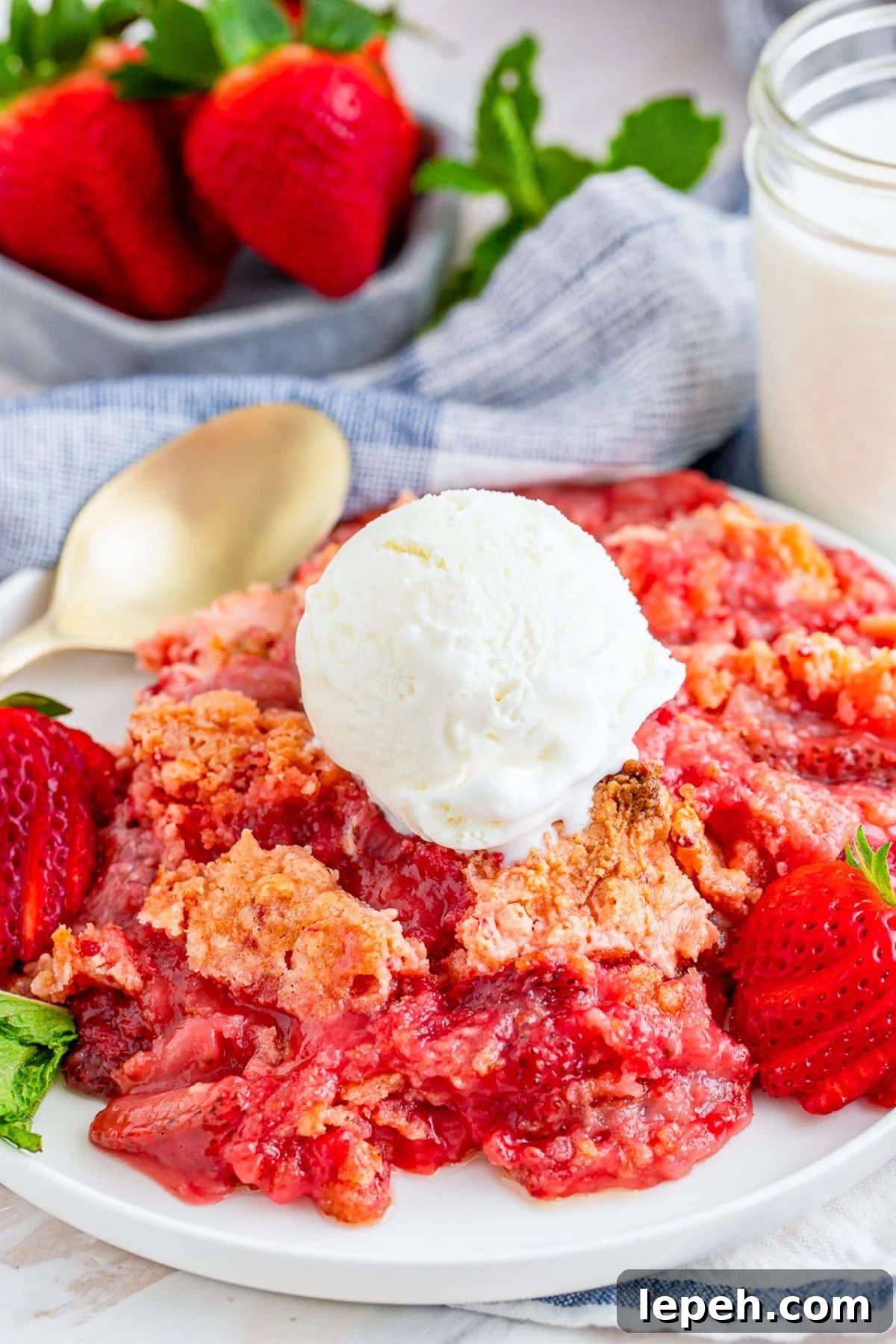 Strawberry Dump Cake served on white plate with ice cream