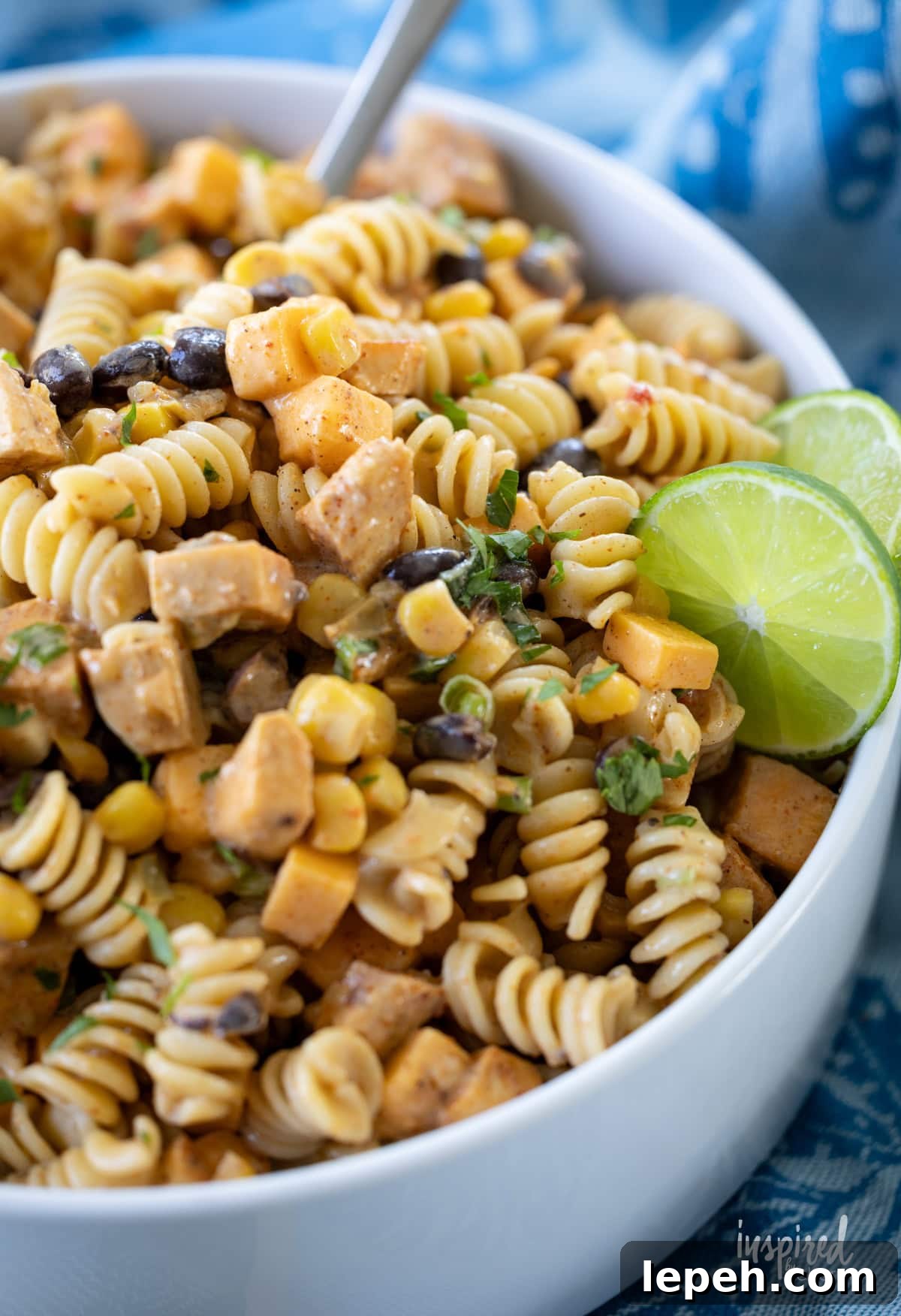 Southwest Chicken Pasta Salad with Creamy Lime Dressing in a bowl.