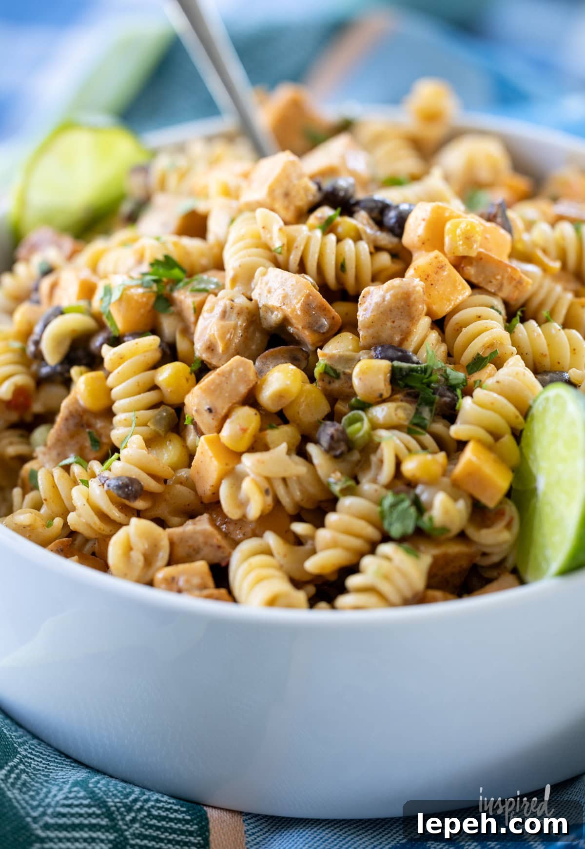 Southwest Chicken Pasta Salad with Creamy Lime Dressing in a bowl.