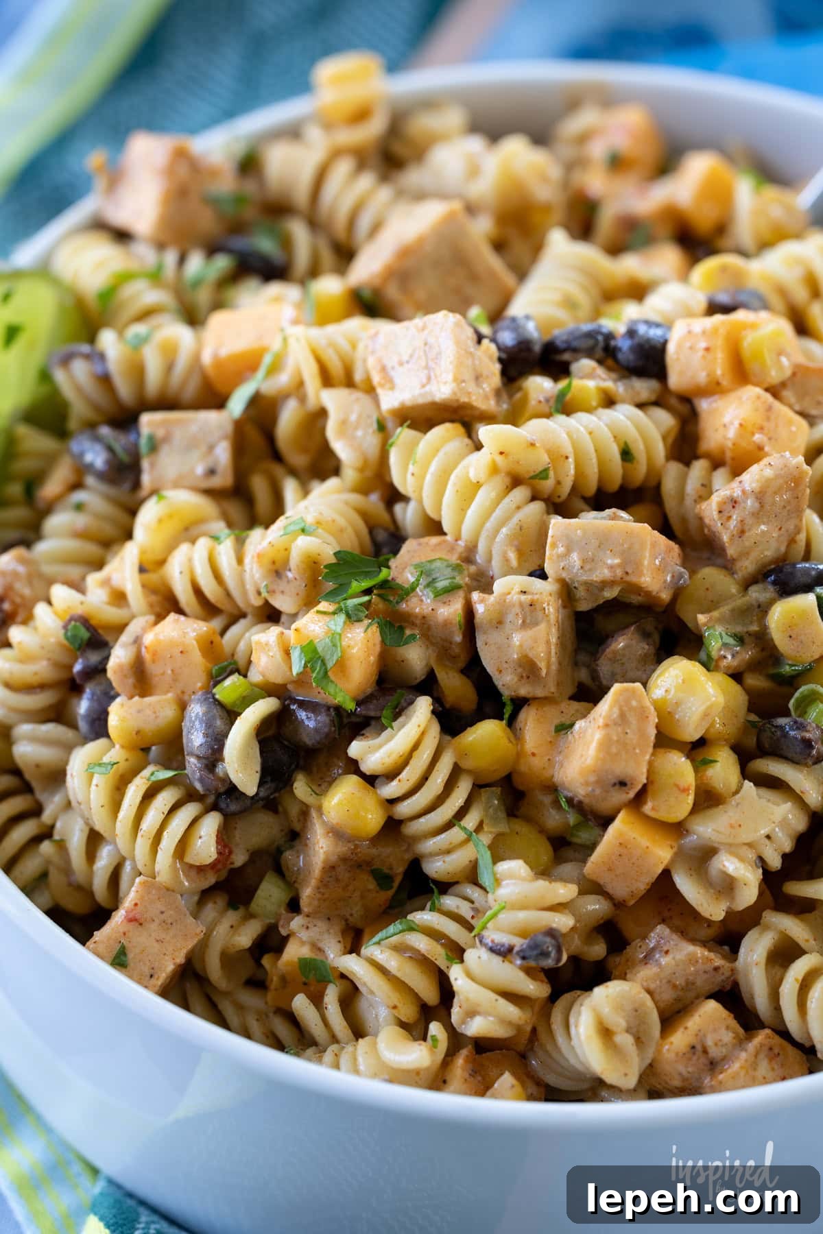 Southwest Chicken Pasta Salad with Creamy Lime Dressing in a bowl.