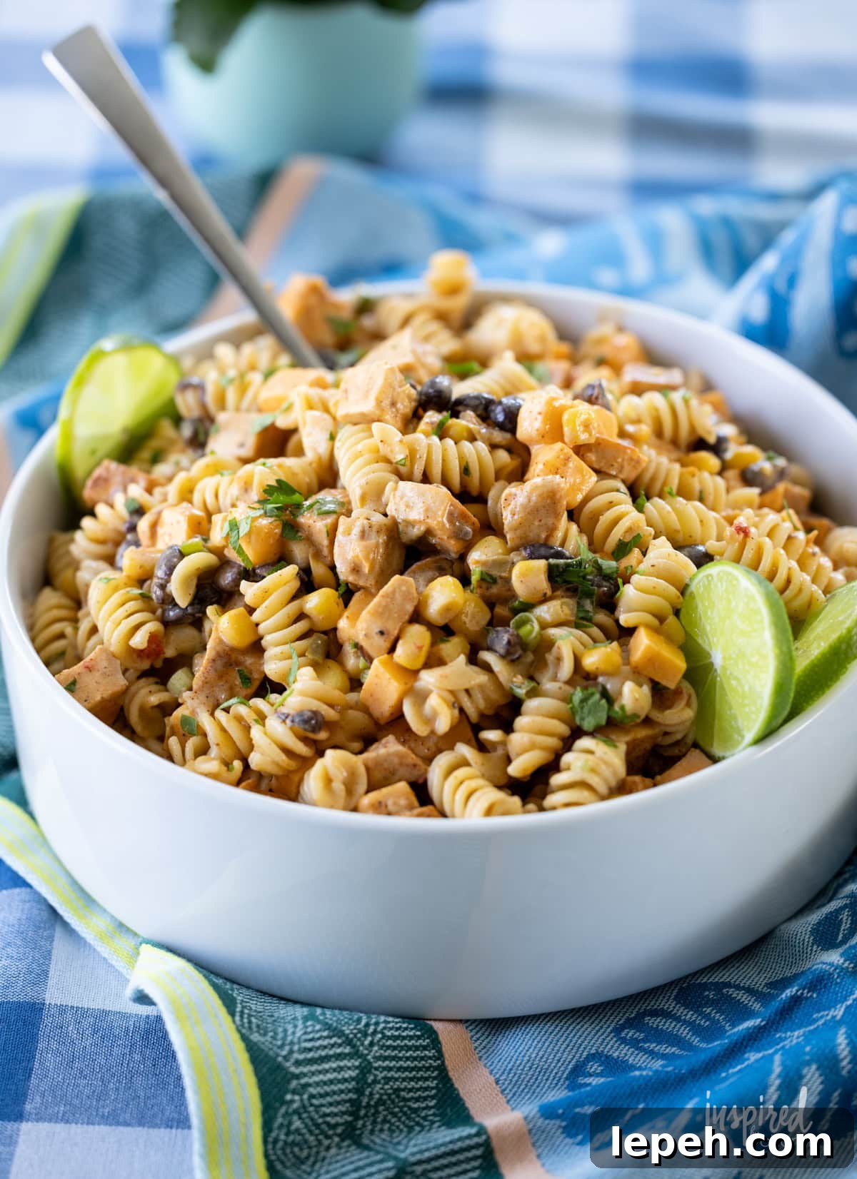 large bowl filled with Southwest Chicken Pasta Salad.