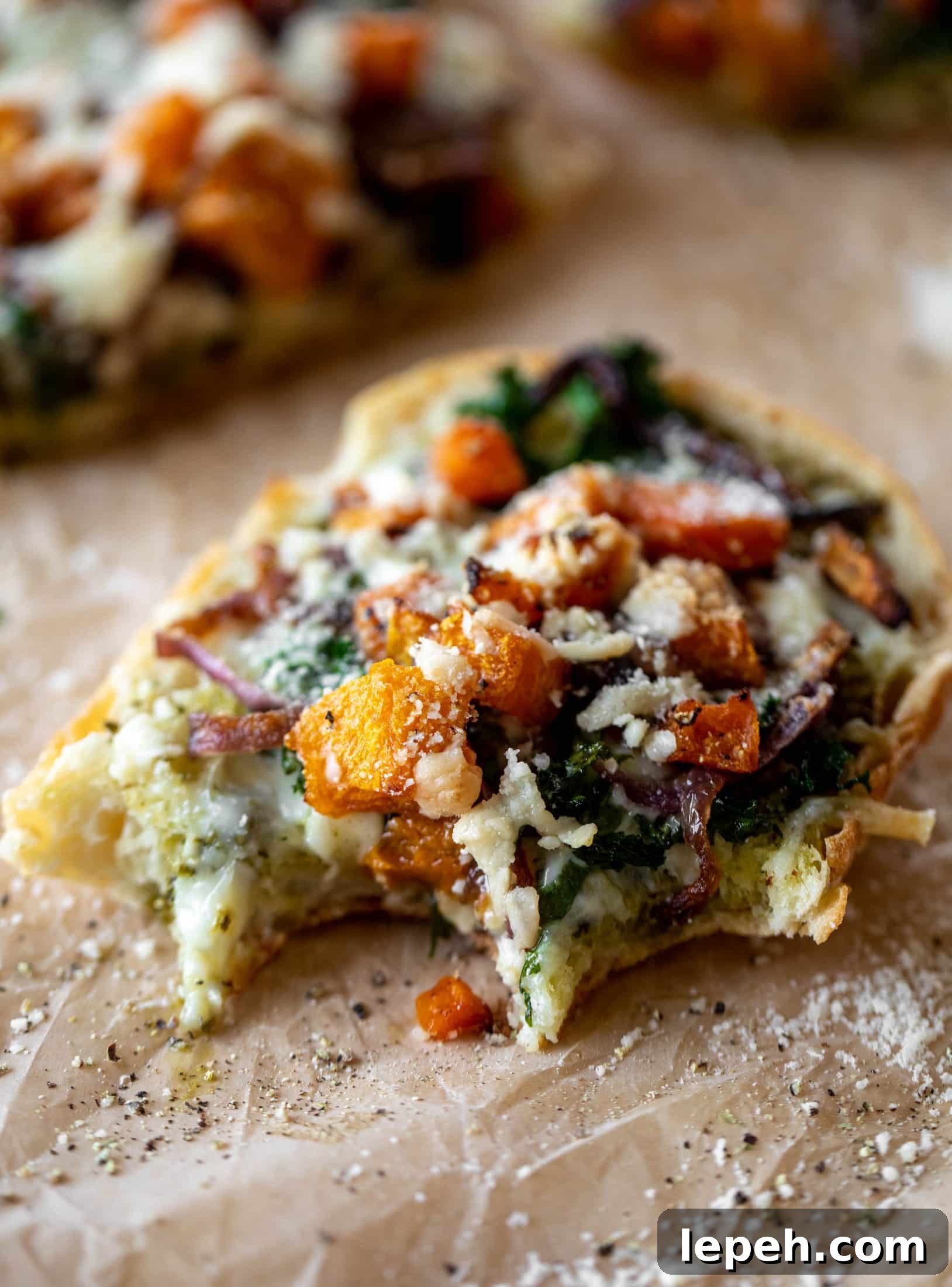 These butternut squash french breads have so much flavor. Pesto, caramelized onions, kale, roasted butternut and tons of fontina cheese. Delicious!