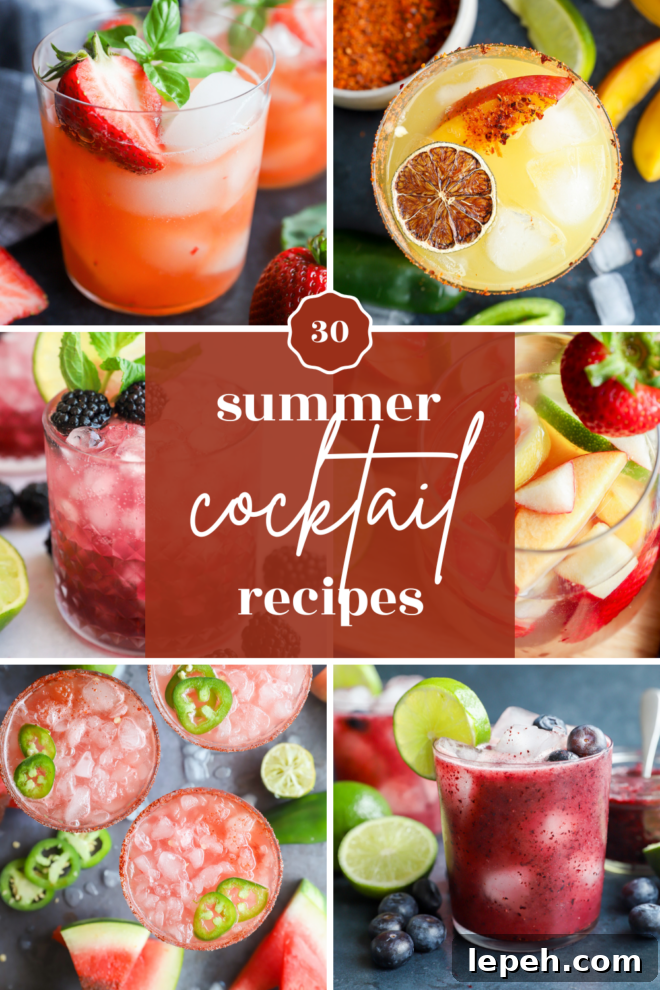 A collage of six colorful summer cocktails with fruit garnishes surrounds the text “30 summer cocktail recipes” in elegant white and red lettering. Each drink features vibrant fresh berries, citrus, or herbs as garnish.