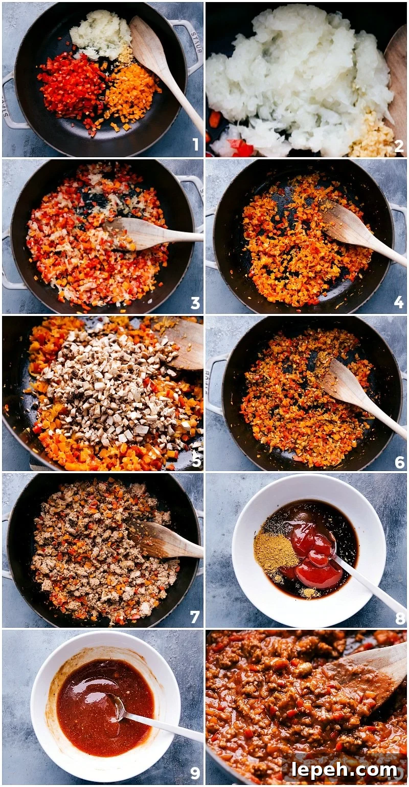 Cooking the meat and other ingredients for ground turkey sloppy joes in a pan.