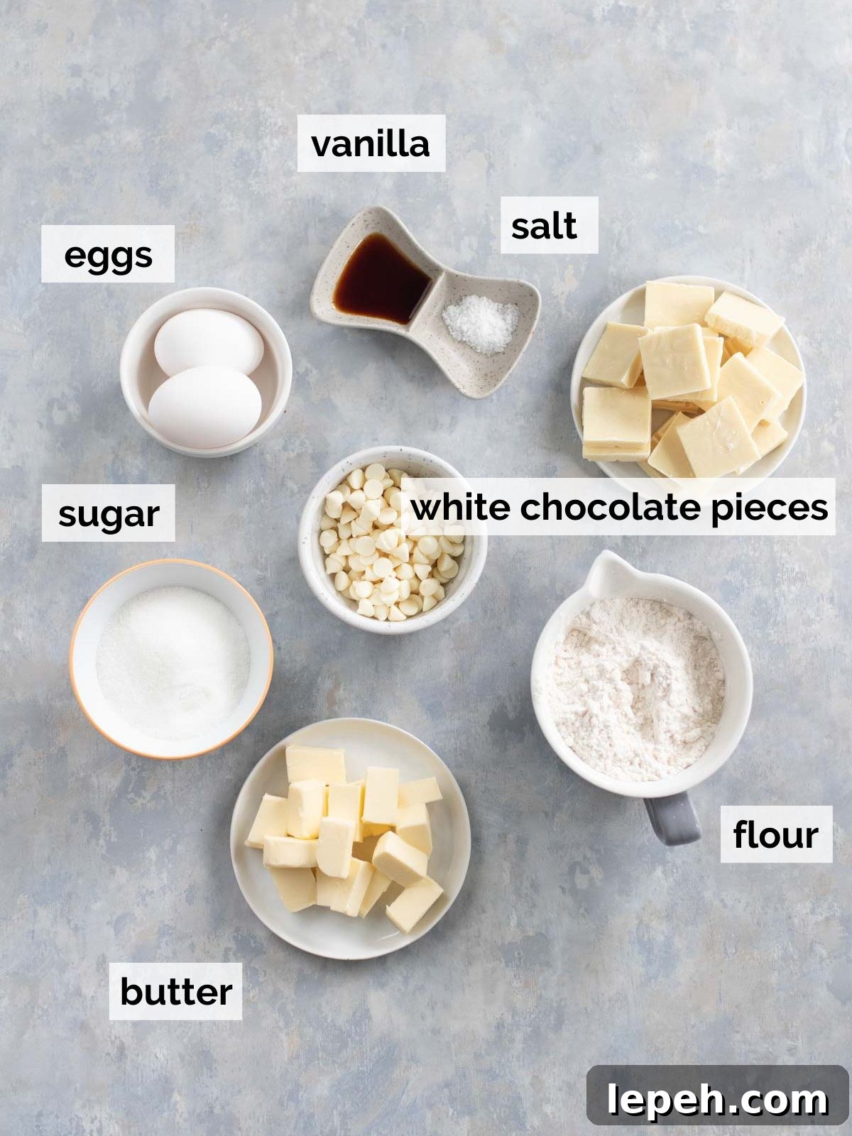 Ingredients for white chocolate blondie brownies.