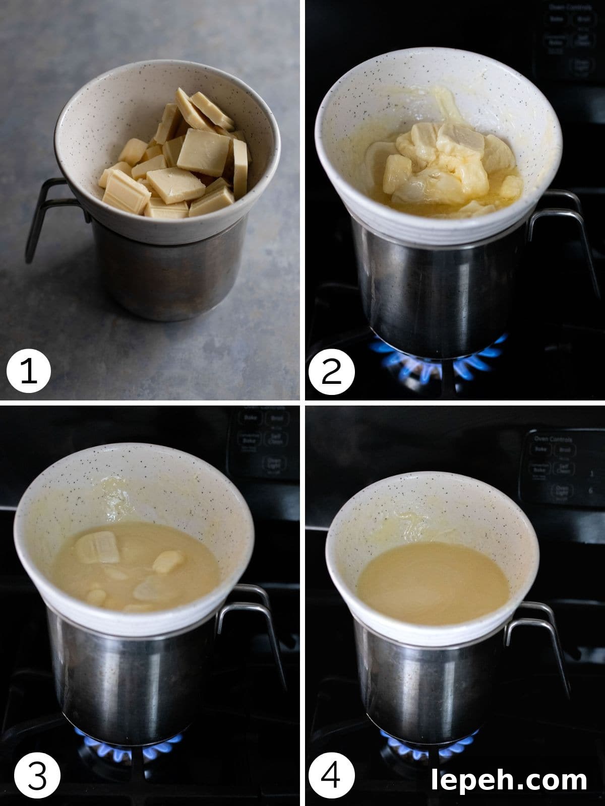Process photos showing how to melt white chocolate in a double boiler.