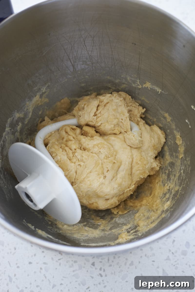 Shaggy dough in the bowl of a stand mixer.
