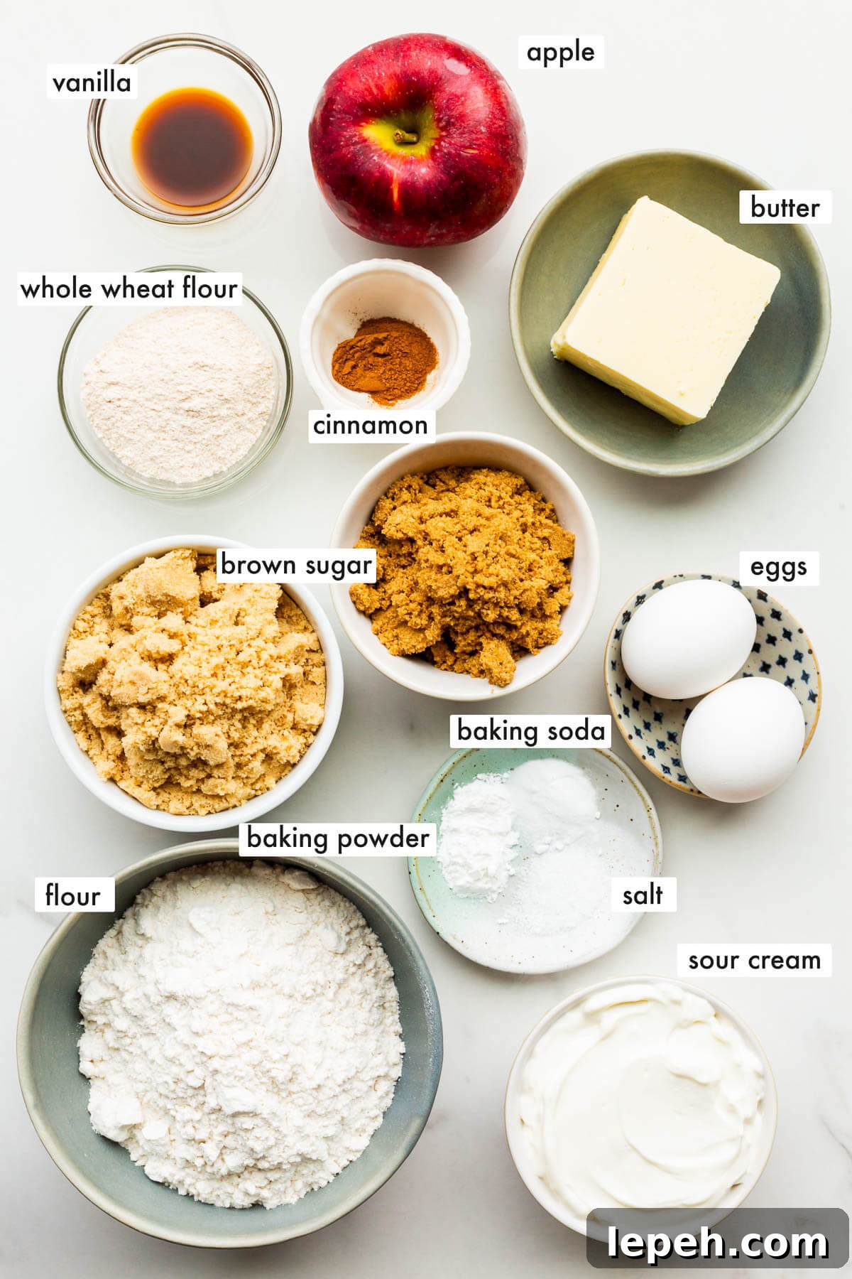 Ingredients to make apple coffee cake measured out and ready to be mixed.