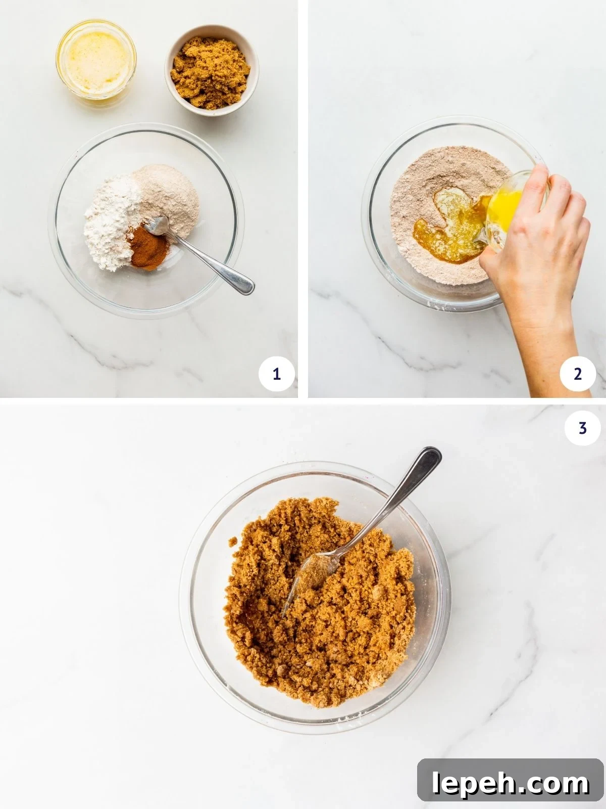 Mixing cinnamon streusel ingredients to make a crumb topping with melted butter.