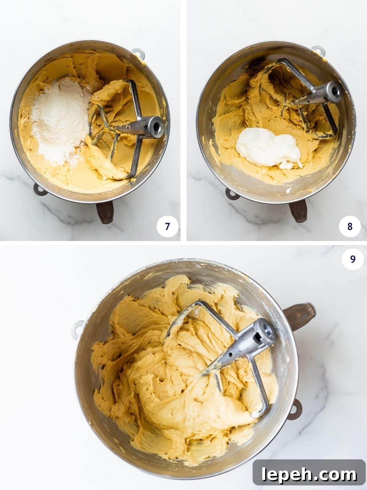 Alternating dry ingredients and sour cream to make coffee cake batter that is light and fluffy, but thick.