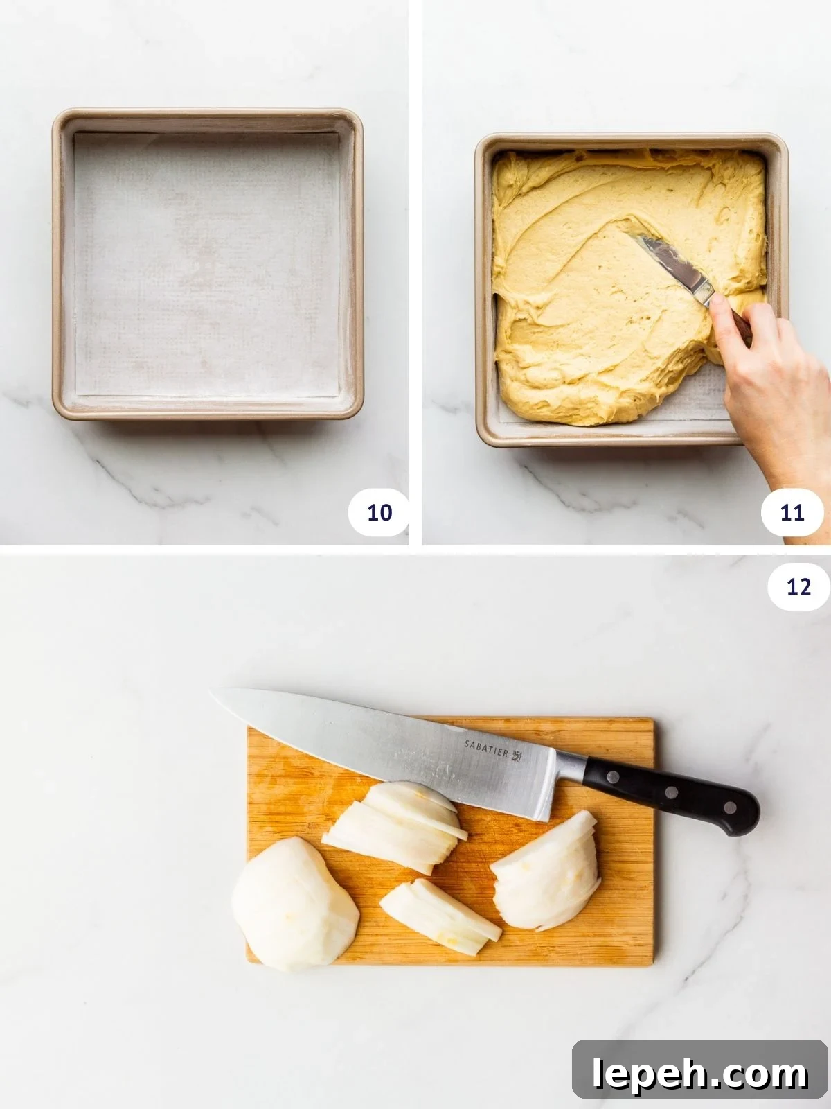 Smoothing cake batter from edge to edge in a prepared square cake pan that is butter, floured, and lined with parchment paper, and slicing apples.