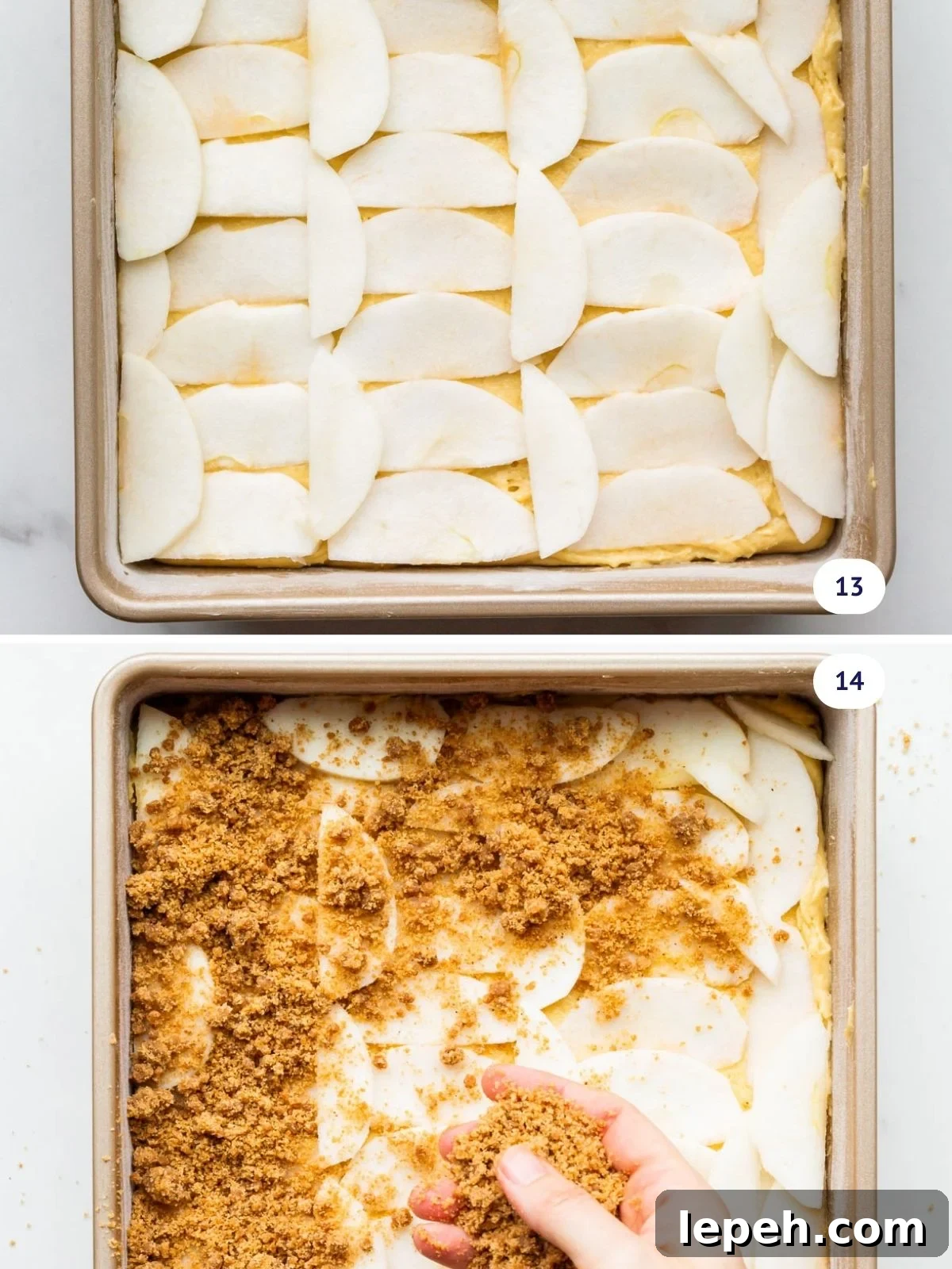 Topping coffee cake batter with slices of apple and cinnamon streusel before baking.