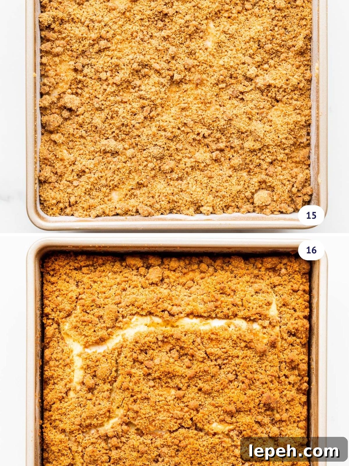Crumb cake topped with cinnamon streusel, before and after baking.