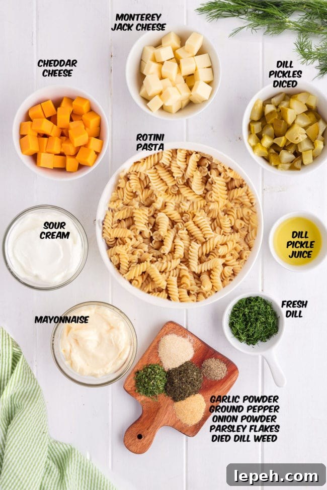 ingredients for Dill pickle pasta salad