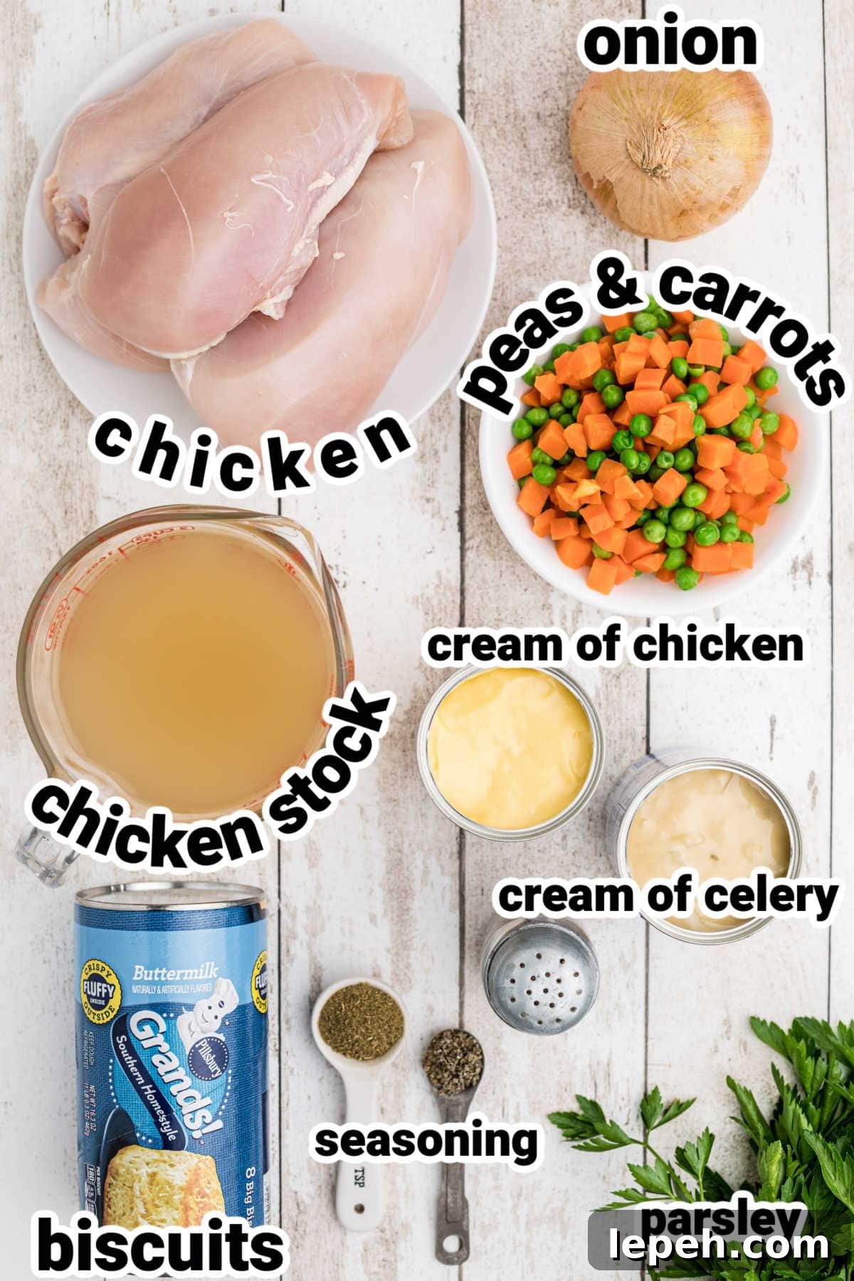 Labeled ingredients for chicken and dumplings.