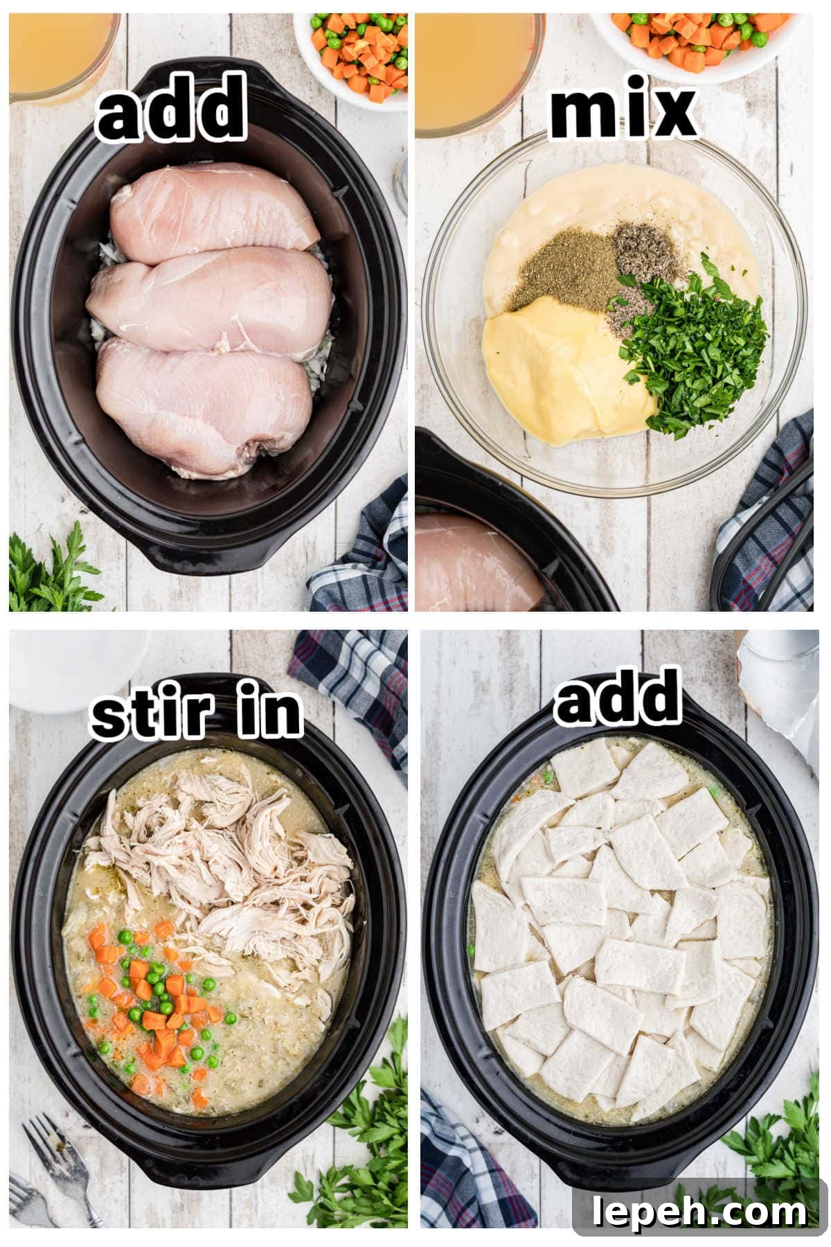 Step by step images showing how to make chicken & dumplings.