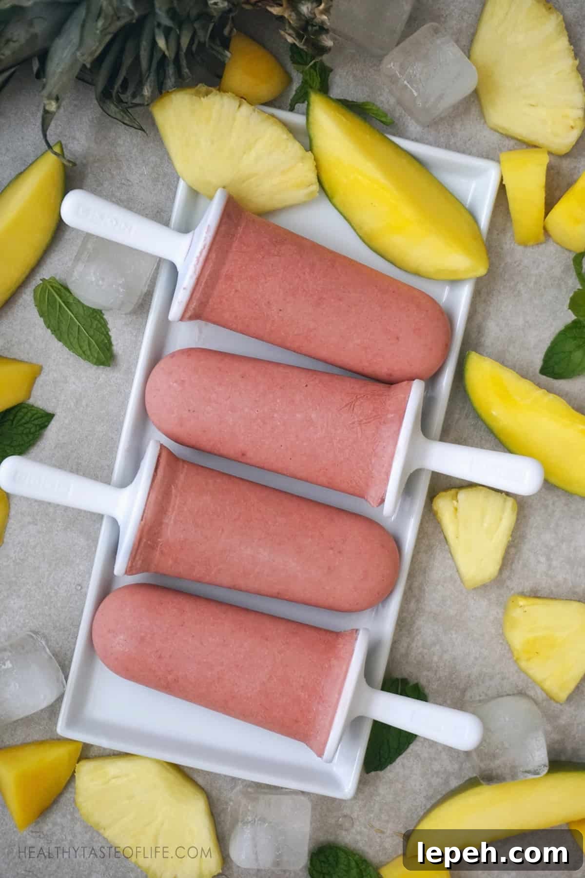 Tropical fruit popsicles made with real fruit and no added sugar.