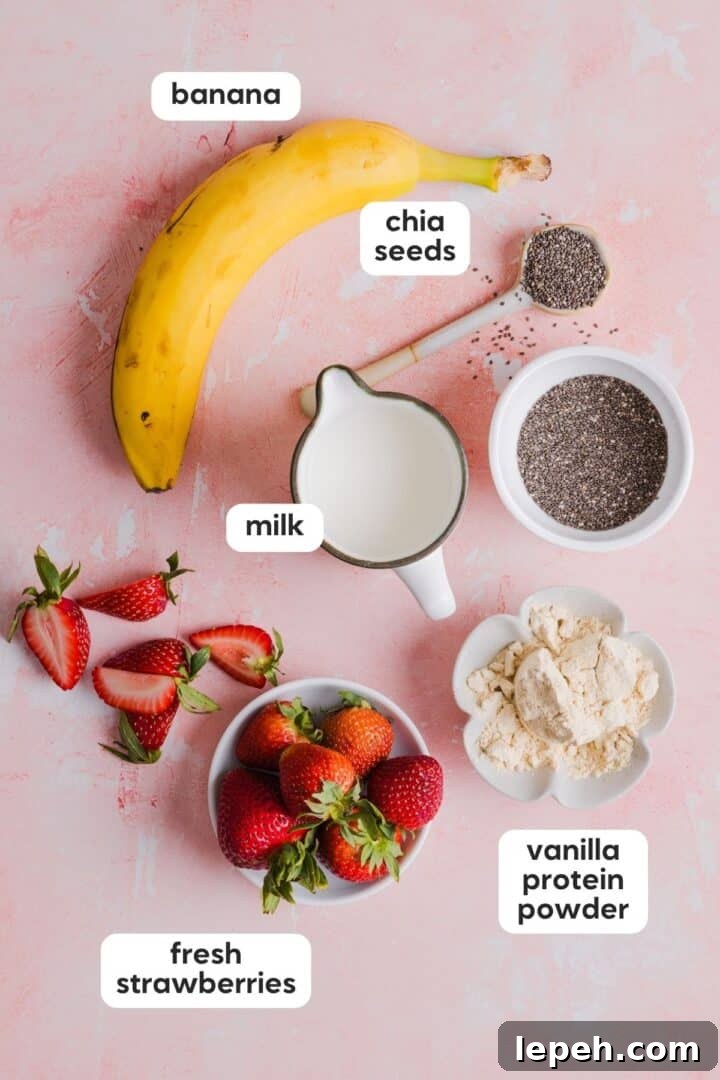 Overhead photo of ingredients for strawberry banana chia pudding, labeled