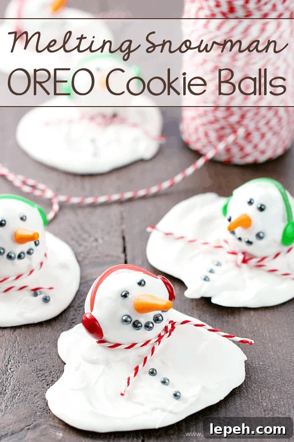 Melting Snowman OREO Cookie Balls laying on a cutting board.