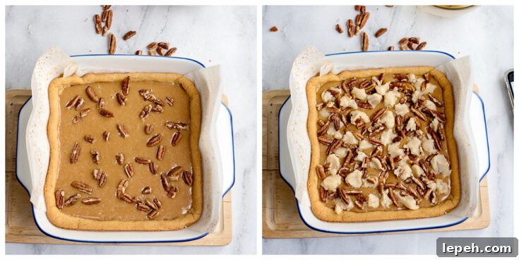Top layer of pecans and cookie dough