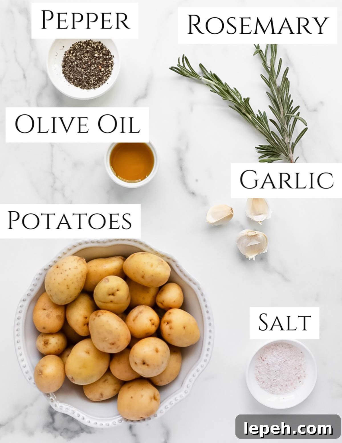 Labeled ingredients including: pepper, rosemary, olive oil, garlic, potatoes, salt.