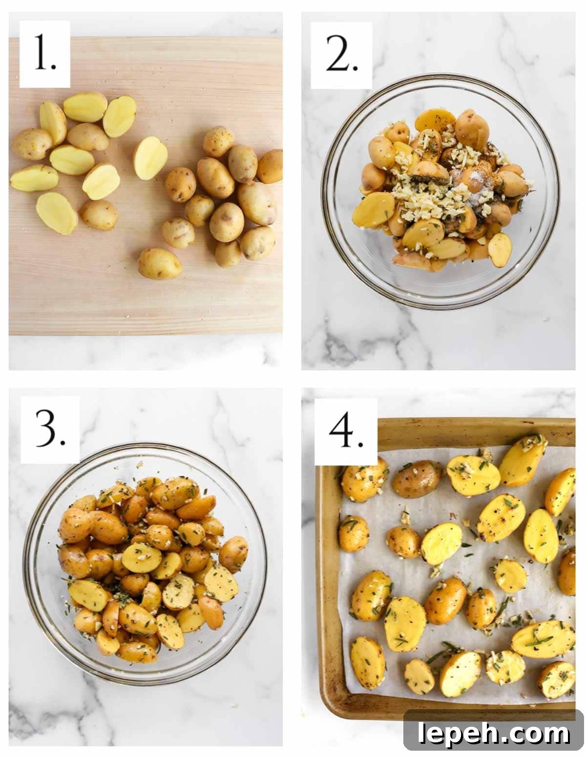 A collage of four images labeled 1-4. The first image is of baby potatoes on a wood cutting board, half of the potatoes are sliced in half. The second image is of the potatoes in a bowl with the seasonings on top. The third image has the seasonings mixed with the potatoes. The fourth image is of the sliced potatoes on a baking sheet.