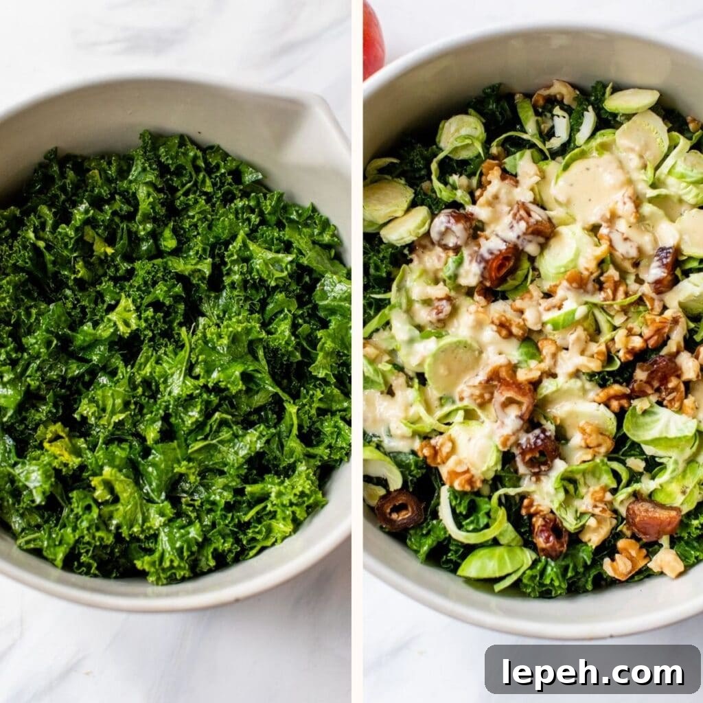 bowl of kale and a kale salad with brussels sprouts, dates and walnuts