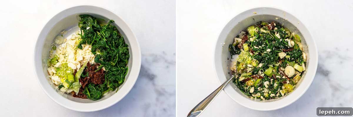 Collage of 2 images showing spinach, feta, sundried tomatoes and green onions in a white bowl, and then all mixed together with a spoon in it.
