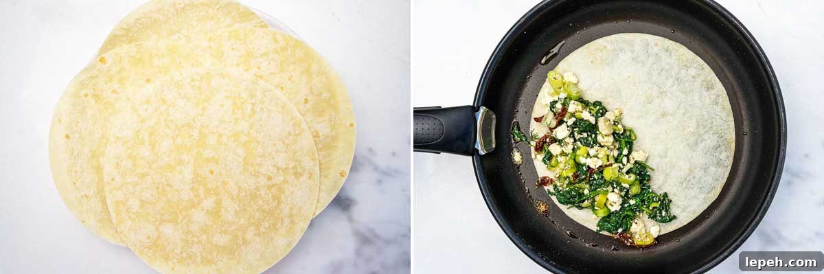 Collage of 2 images showing tortillas on a plate and then one tortilla in a pan with spinach feta mixture on half of it.