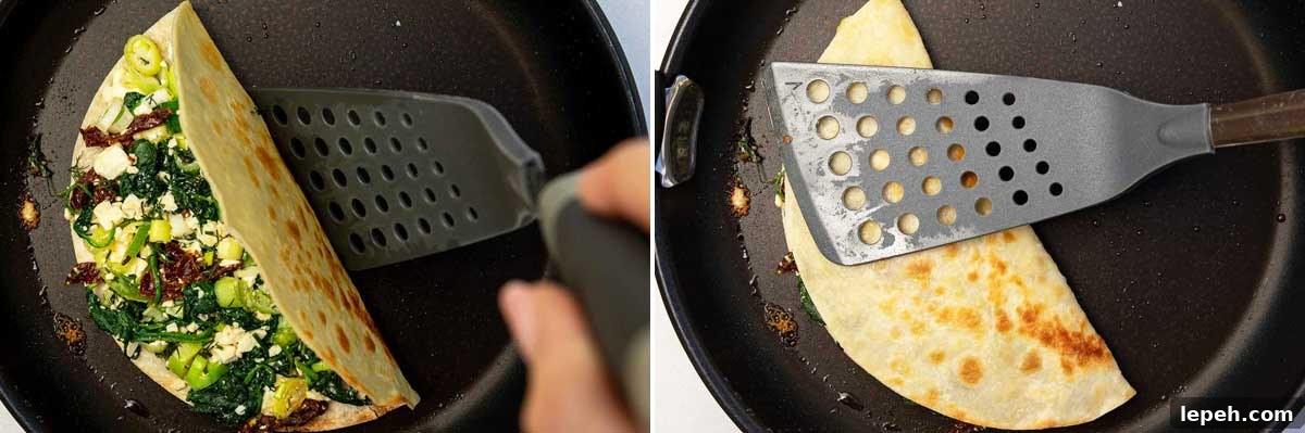 Collage of 2 images showing someone folding a quesadilla in a pan in half and then pressing it down.