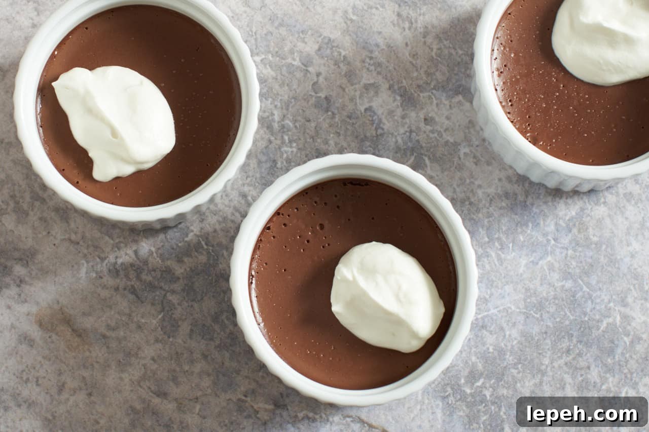 Three chocolate pots de creme topped with whipped cream.