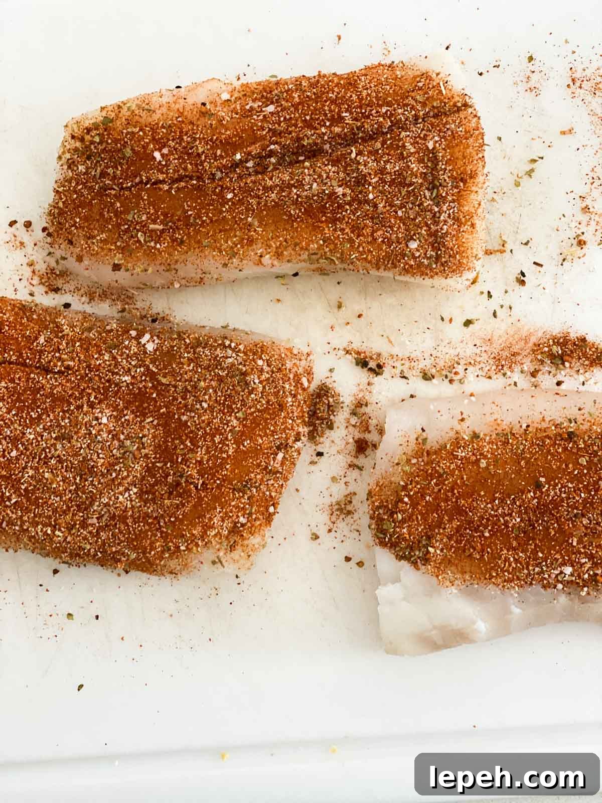 Blackening seasoning on top of fresh cod