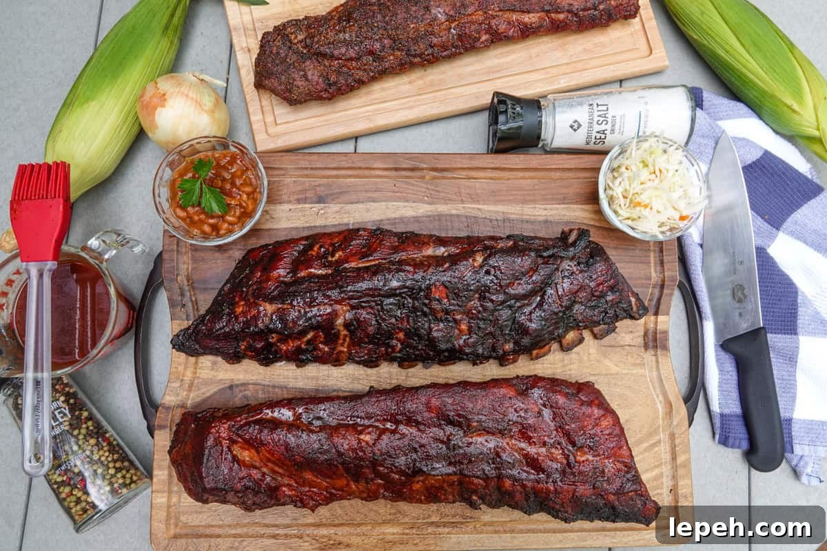 Smoked ribs on cutting boards with corn, bbq sauce, and coleslaw