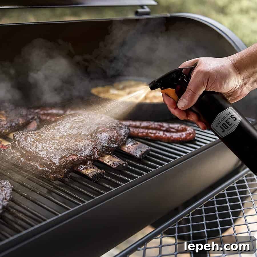 spraying apple cider vinegar on ribs that are cooking on grill