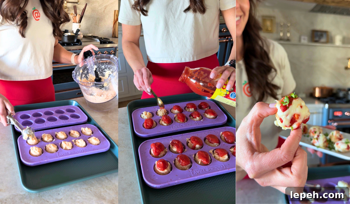 Step-by-step process of making bite-size chicken parmesan muffins