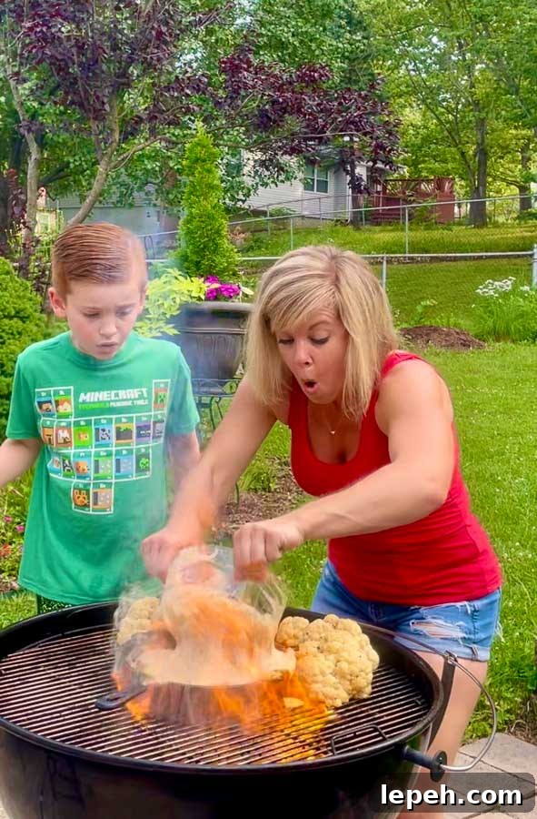 Jennifer and some pouring cake mixture over the peaches