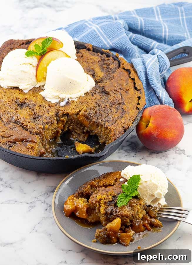 grilled fresh peach cast iron skillet cake and a plate of the cake with ice cream