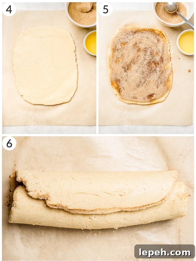 photo collage demonstrating how to roll cinnamon roll cookie dough into log