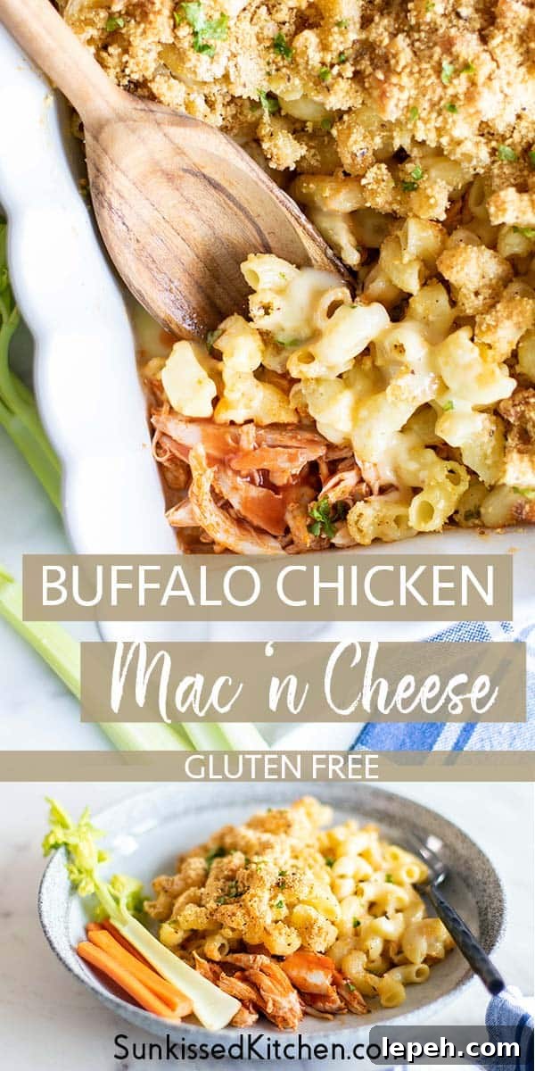 An image showing a close up of the baked macaroni and cheese with buffalo chicken, and a plate of a serving of macaroni and cheese.