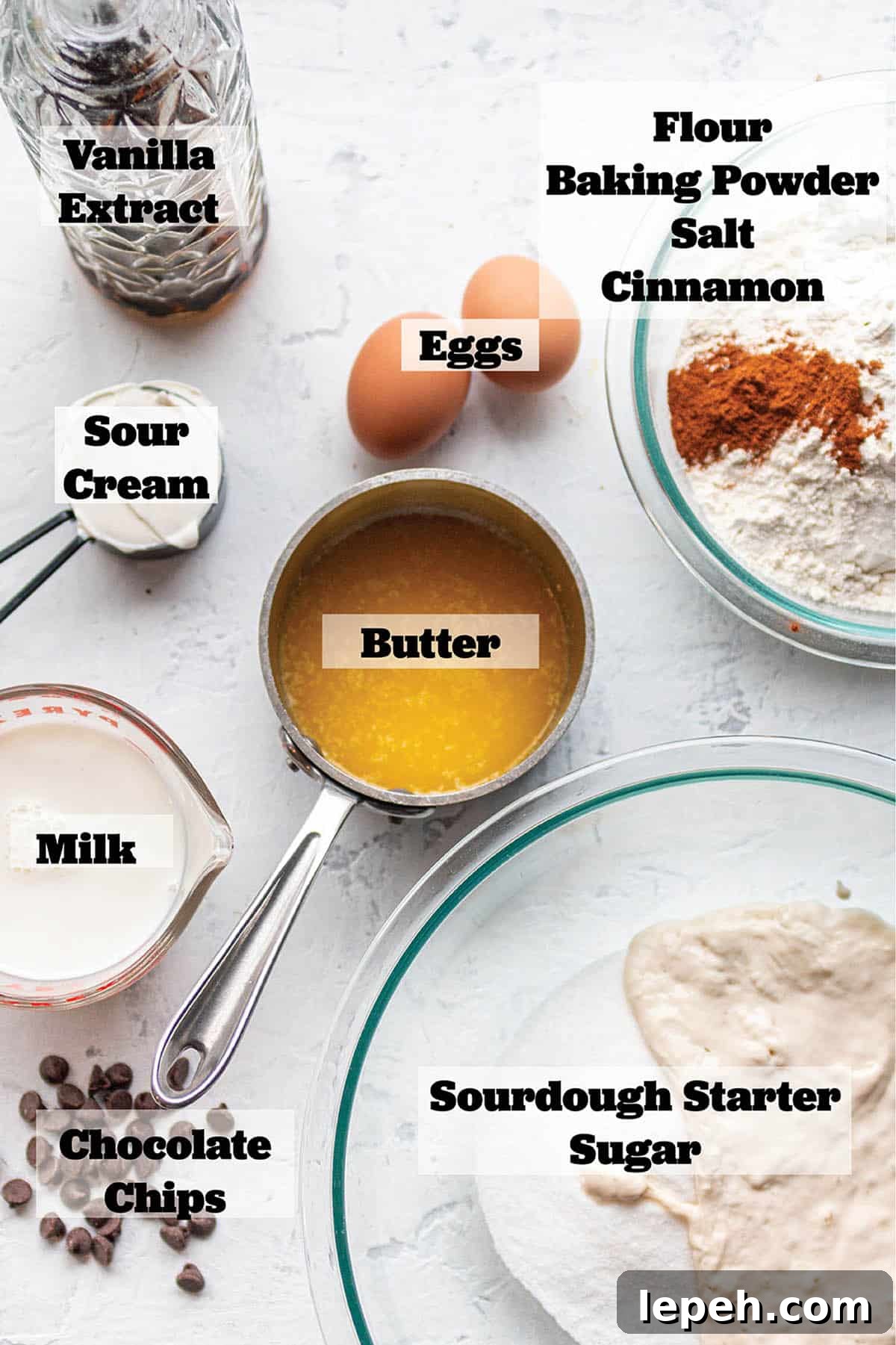 Ingredients to make muffins. Sourdough starter, sugar, chocolate chips, milk, butter, eggs, sour cream, vanilla extract, eggs, baking powder, salt, cinnamon and flour.