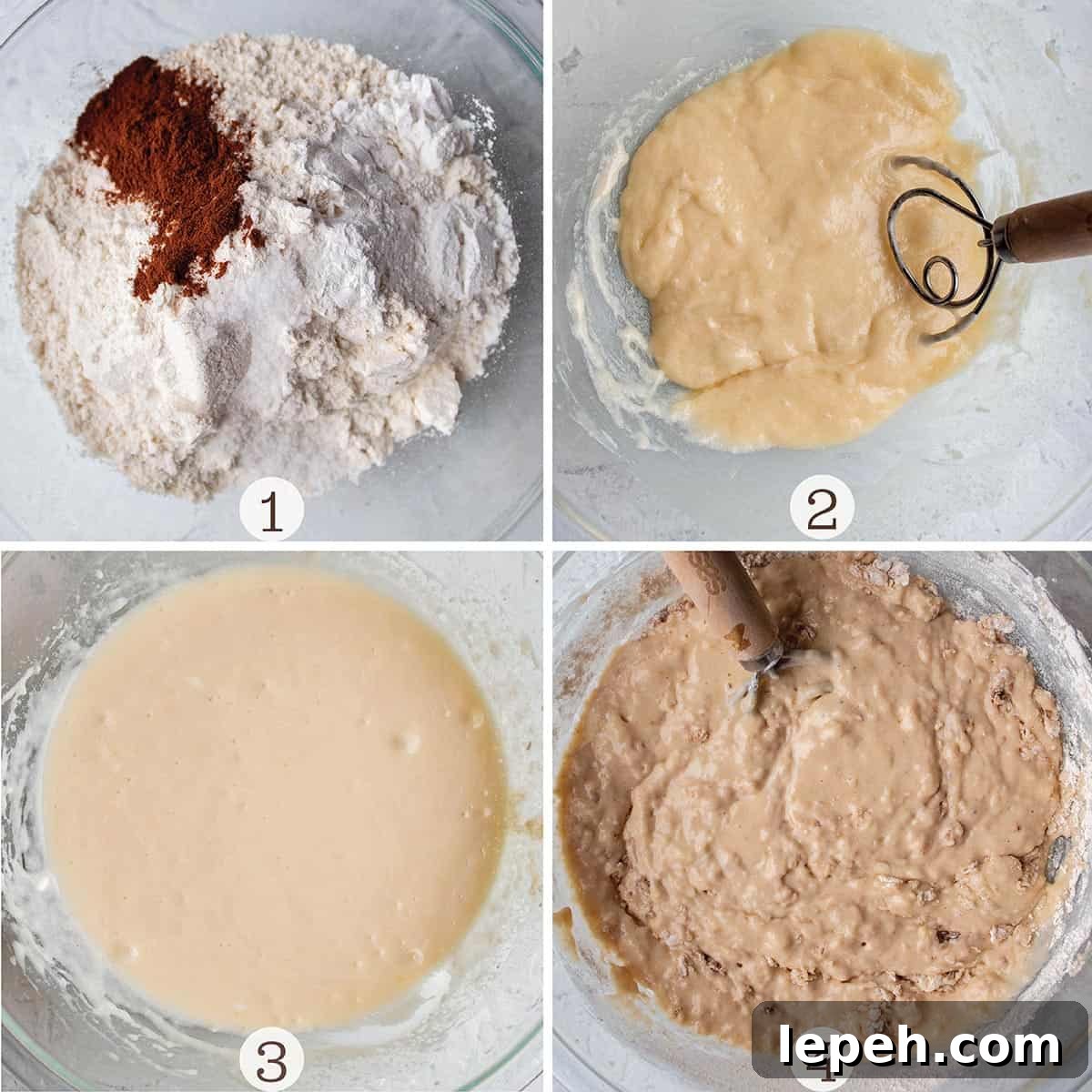 Four images of muffins being mixed. The flour mix, wet ingredients then folding together.