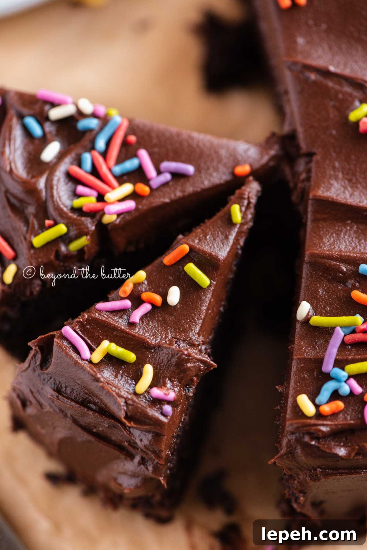 Overhead closeup image of single layer chocolate cake with slices cut and randomly placed by the cake | All Images © Beyond the Butter®
