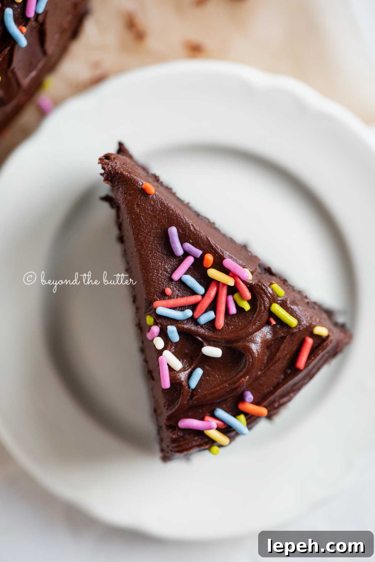 Overhead closeup image of single slice of 6 inch chocolate cake on white dessert plate | All Images © Beyond the Butter®