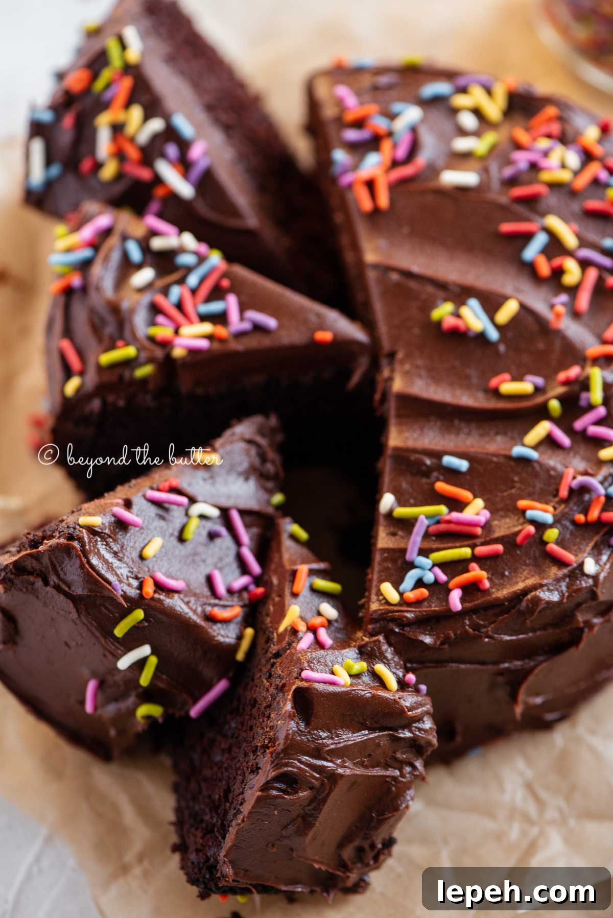Overhead image of single layer chocolate cake with slices cut and randomly placed by the cake | All Images © Beyond the Butter®