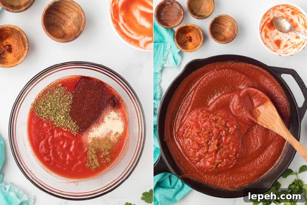 Tomato sauce and seasonings mixed in a skillet with salsa added.