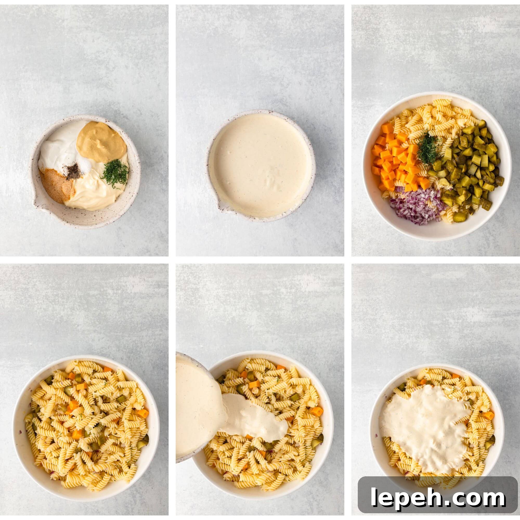 Six photos show steps for making a pasta salad: mixing sauces and seasonings, a bowl of creamy dressing, adding chopped vegetables to pasta, mixing, pouring dressing, and the finished salad with dressing on top.